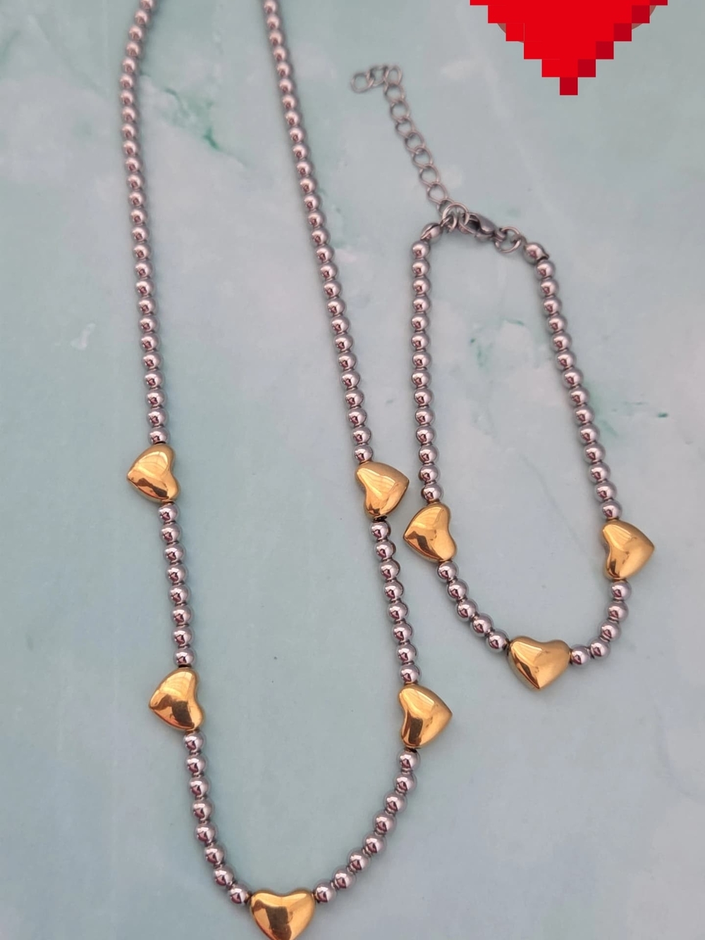 Gold & Silver Heart Bead Necklace and Bracelet Set